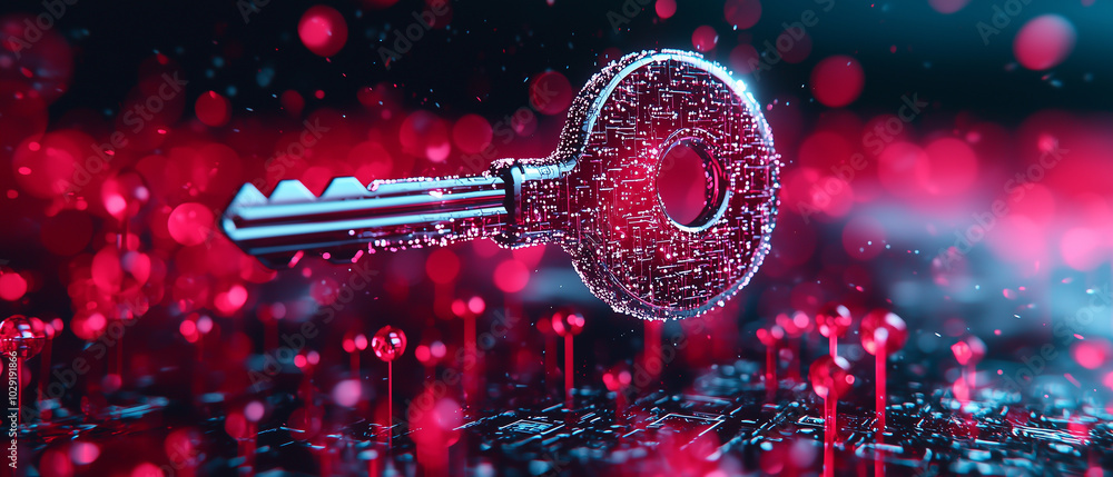 Poster massive digital key floats above sea of glowing red data points, symbolizing security and access in futuristic landscape. vibrant colors create striking visual impact