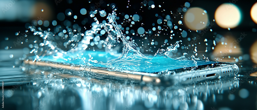Aufkleber mobile phone submerged in water, creating splashes and ripples, showcases dynamic interaction betwee