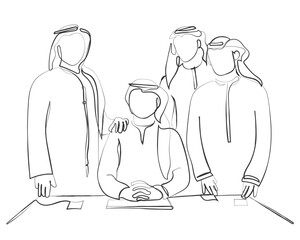 Hand drawn line art vector of an Arab man sitting in his office. Middle eastern ceo concept. Emirati businesspeople.