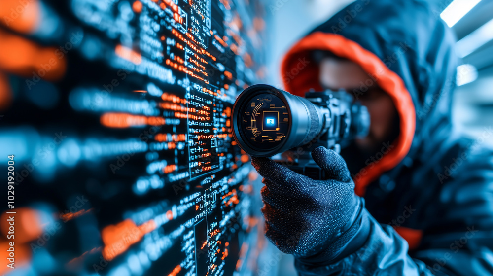 Poster person in hooded jacket aims camera at digital wall filled with glowing data, creating sense of intr