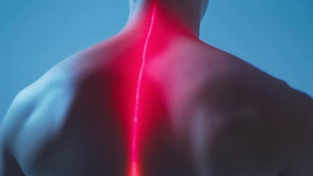 Striking Male Silhouette Bare Back Illuminated by Dramatic Red Light