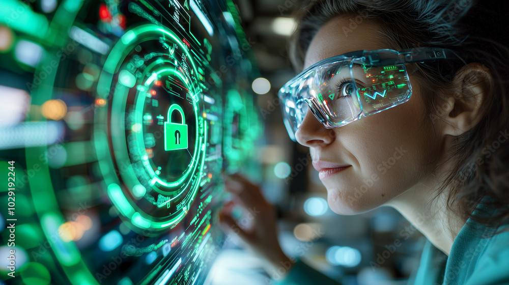 Aufkleber Innovative woman wearing smart glasses interacts with digital interface displaying security icons and data analytics. Her focused expression reflects importance of technology in modern security