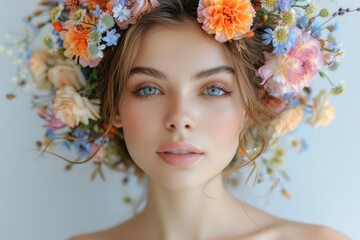 Woman with floral wreath, white background, seasonal decor