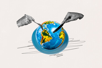 Composite photo collage of hands hold fork knife planet hunger destroy environment plate damage...