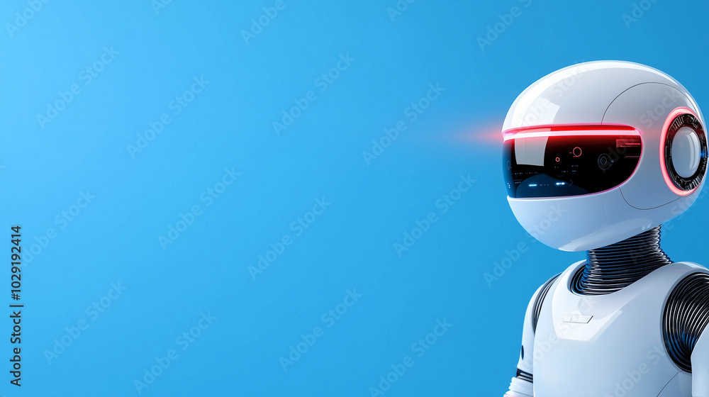 Poster futuristic ai robot with sleek design and glowing features stands against vibrant blue background, s