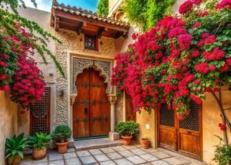 Naklejka premium Aerial View of Rustic House Entrance with Arabic Elements and Vibrant Red Flowers