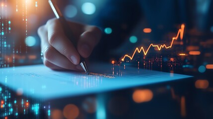 Handwriting on paper with analytical chart and digital data overlay.