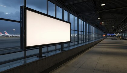 An empty advertising billboard at an airport terminal, surrounded by large windows showing aircraft outside.
