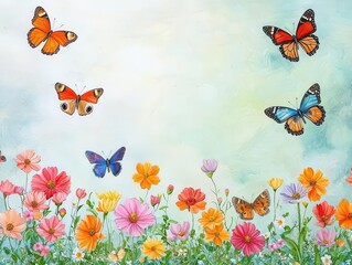 Side view of blooming pollinator garden, Butterflies in flight, Green, peaceful scene