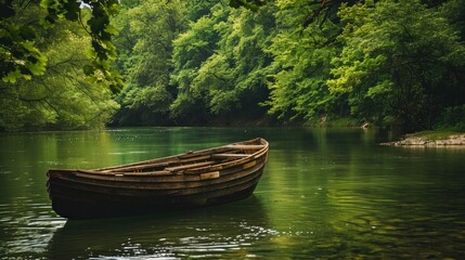 A small wooden boat is floating on a lake