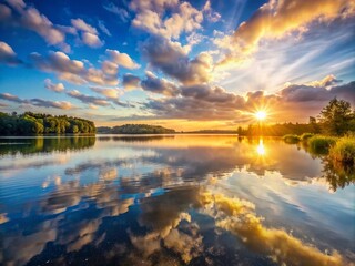 Aerial View of Sunrise Over Serene Lake with Light Clouds and Blue Sky - Summer Morning Landscape Photography