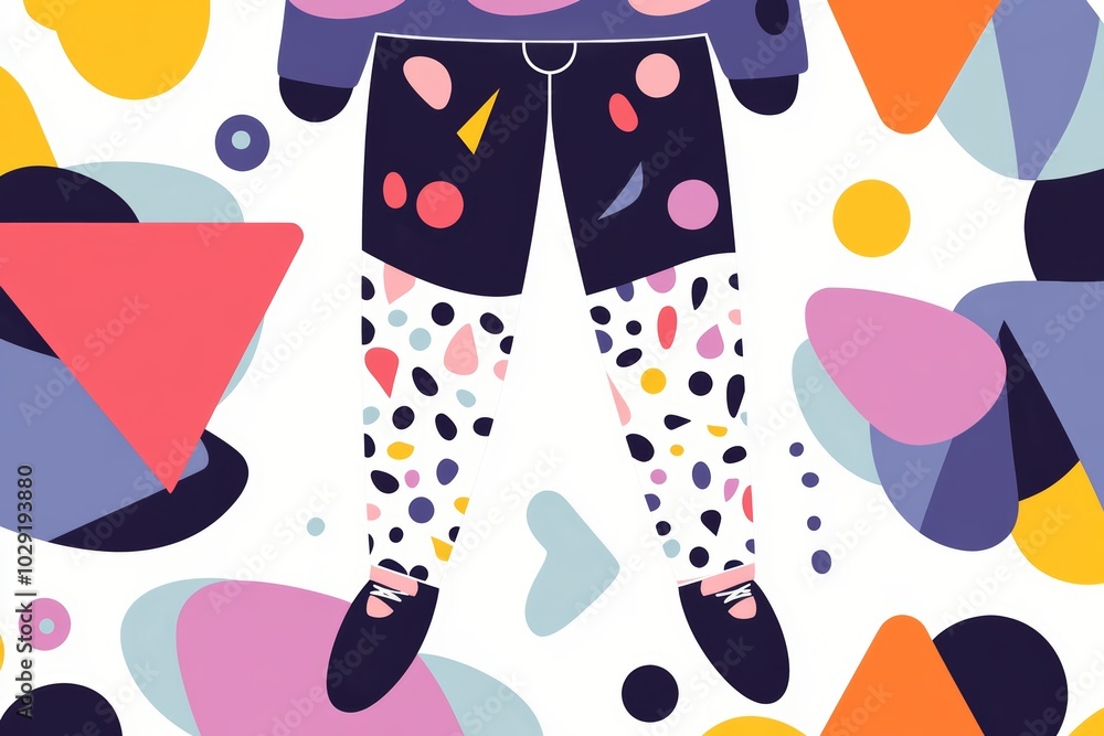 Poster colorful geometric pattern with abstract shapes and playful design elements featuring legs adorned i