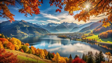 Obraz premium Stunning Autumn Landscape at Zell am See Lake with Majestic Mountains and Sunlight - Ideal for Nature Lovers