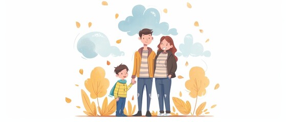 Family Portrait in Autumn Landscape Illustration