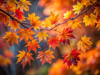 Aerial View of Vibrant Autumn Maple Leaves on Branches Captured in Selective Focus
