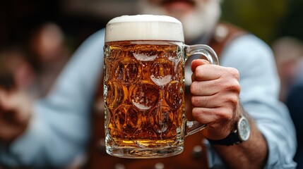 A man in lederhosen's raising a beer stein during a festival