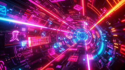 A glowing neon tunnel filled with futuristic geometric symbols and digital elements, creating a vibrant, cyberpunk atmosphere.  
