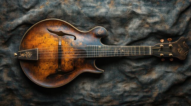 A vintage mandolin with a worn, brown finish lies on a textured fabric background.