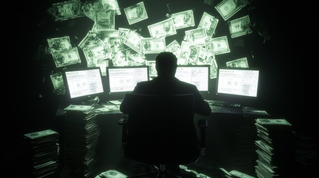 The Deceptive Financier - Shadowy Figure Surrounded by Cash and Faked Documents in a High-Tech Setup With Ultra-Detailed, Cinematic Light