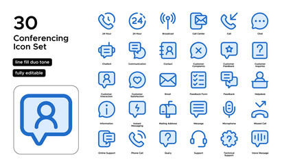 Conferencing Line Fill Duo Tone Icon Set: Video Calls, Virtual Meetings, and Collaborative Communication Icons