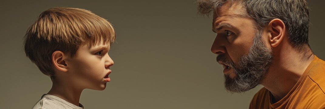 Father and son confrontation, intense discussion between adult and child, family dynamics, parenting challenge, emotional interaction, educational visuals