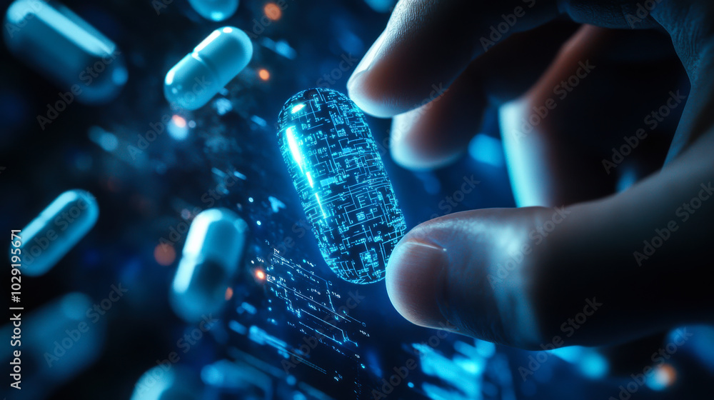 Poster a hand holding a futuristic digital pill glowing with circuit patterns against a tech-inspired backg