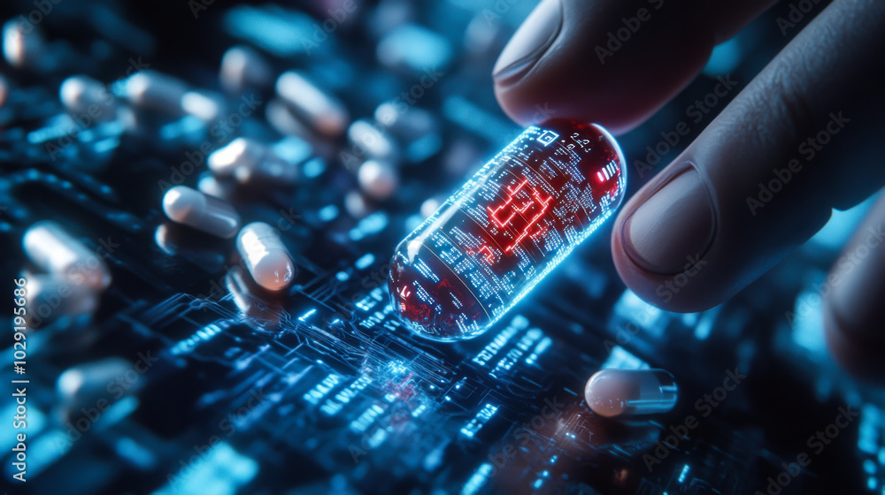 Poster a hand holding a futuristic digital pill glowing with circuit patterns against a tech-inspired backg