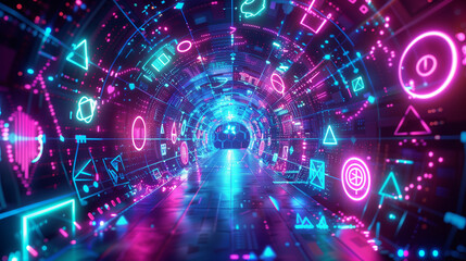 Obraz premium A glowing neon tunnel filled with futuristic geometric symbols and digital elements, creating a vibrant, cyberpunk atmosphere. 