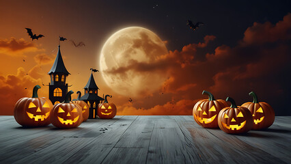 Happy Halloween. Halloween orange theme paper graphic cloud scene with group of 3D illustration pumpkin on studio table