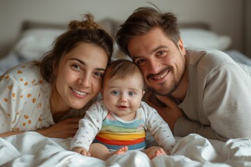 Fototapeta premium Happy family portrait. A cheerful and loving family with a smiling baby enjoying a cozy moment together. Ideal for promoting family bonds, affection, and warmth in marketing materials