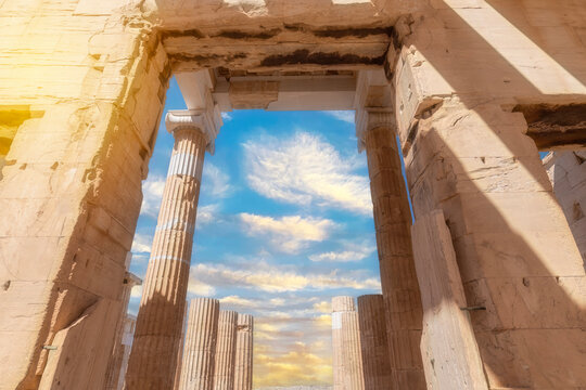 Fototapeta greece capital athens and acropolis ancient artifacts touristic points of interest daytime and sunset light
