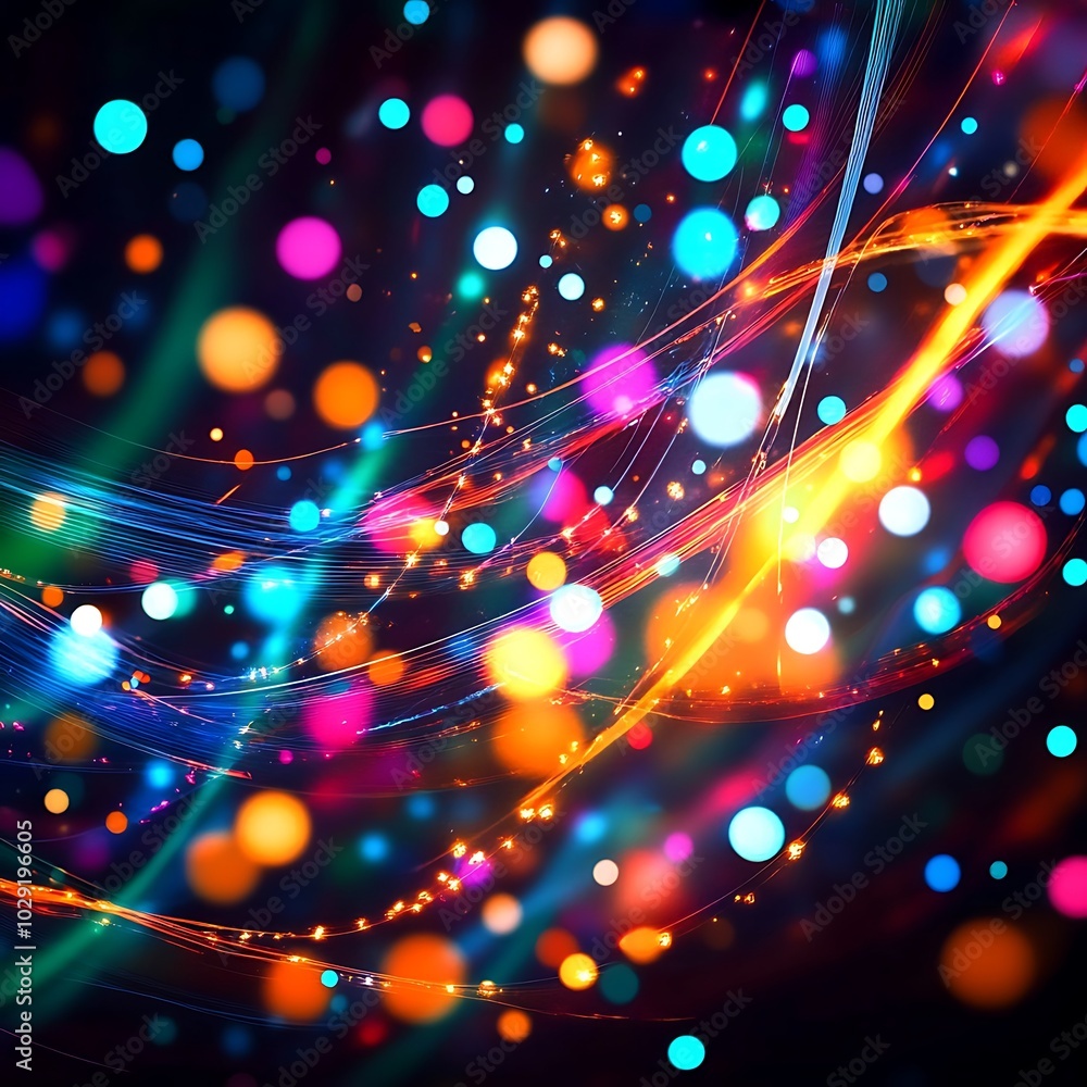 Poster abstract representation of communication signals with bright colors and lights, generative ai