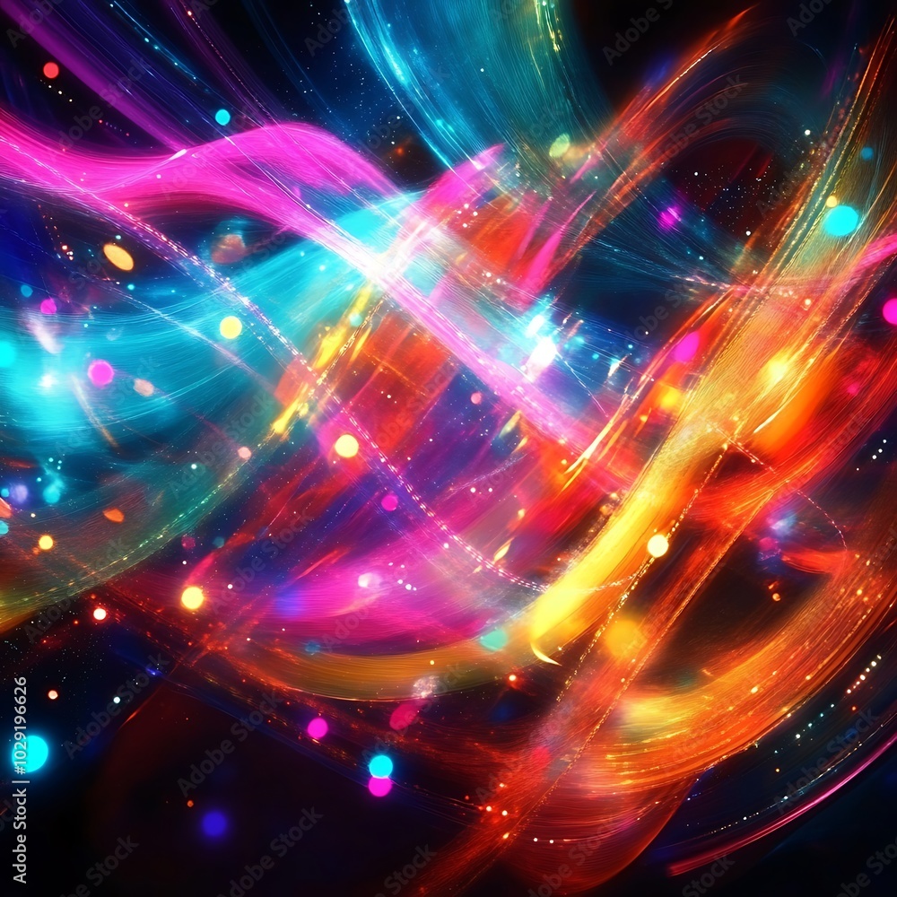 Poster abstract representation of communication signals with bright colors and lights, generative ai