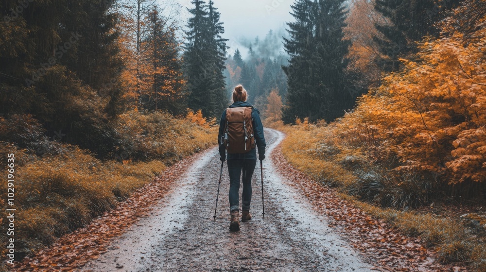 Aufkleber A lone hiker walks down a quiet, winding path surrounded by colorful autumn trees. The scene conveys a sense of peace and reflection, with muted fog adding depth to the tranquil landscape.