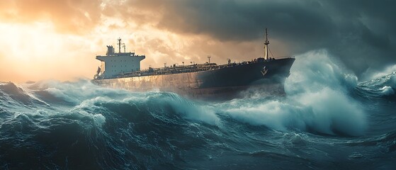 Turbulent Seas and Shipping Vessel at Sunset