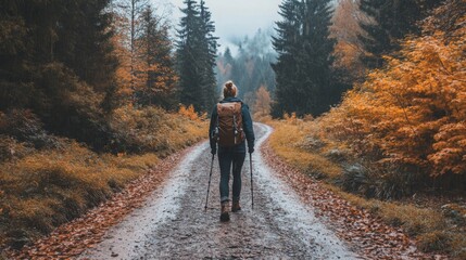 Obraz premium A lone hiker walks down a quiet, winding path surrounded by colorful autumn trees. The scene conveys a sense of peace and reflection, with muted fog adding depth to the tranquil landscape.