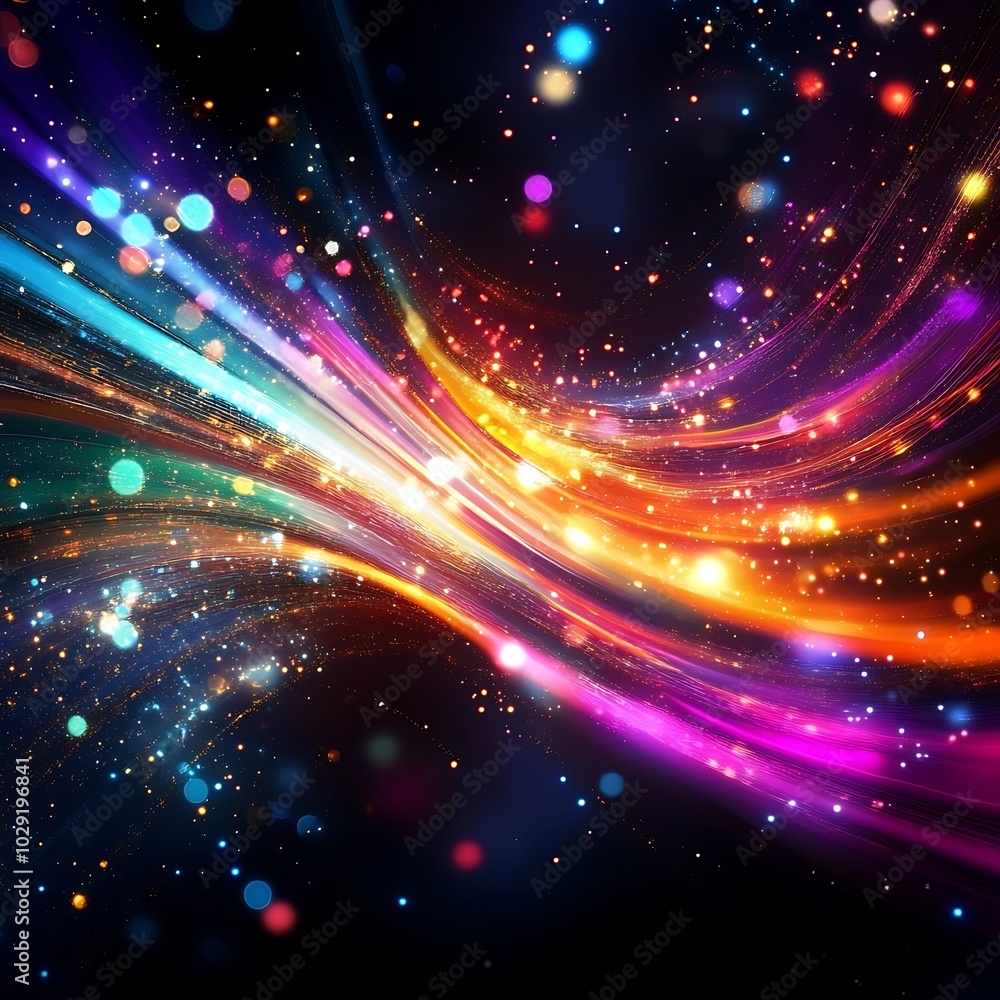 Poster abstract representation of communication signals with bright colors and lights, generative ai