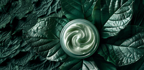 Fototapeta premium A cream jar filled with a creamy texture sits on top of an oversized green leaf, surrounded by soft natural light