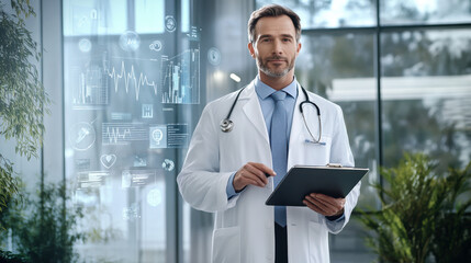 A doctor stands confidently in a contemporary healthcare environment, analyzing patient information displayed on a tablet, surrounded by digital health graphics.