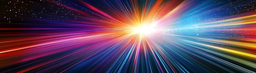 Obraz premium Light speed, hyperspace, space warp background. colorful streaks of light gathering towards the event horizon. Hand edited, generative ai