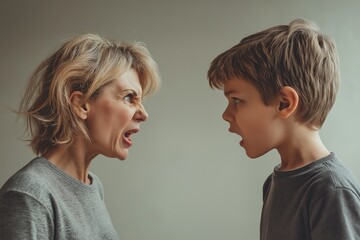 Mother angrily scolding son, displaying a tense parentchild confrontation in a family setting