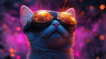 a surreal scene featuring a white cat donning a vr headset surrounded by an explosion of vivid colors and dreamlike landscapes contrasting against a dark backdrop illuminated by purple light