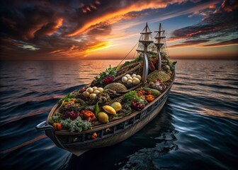 Obraz premium Stunning Culinary Voyage: A Ship Made of Gourmet Ingredients for Food Photography