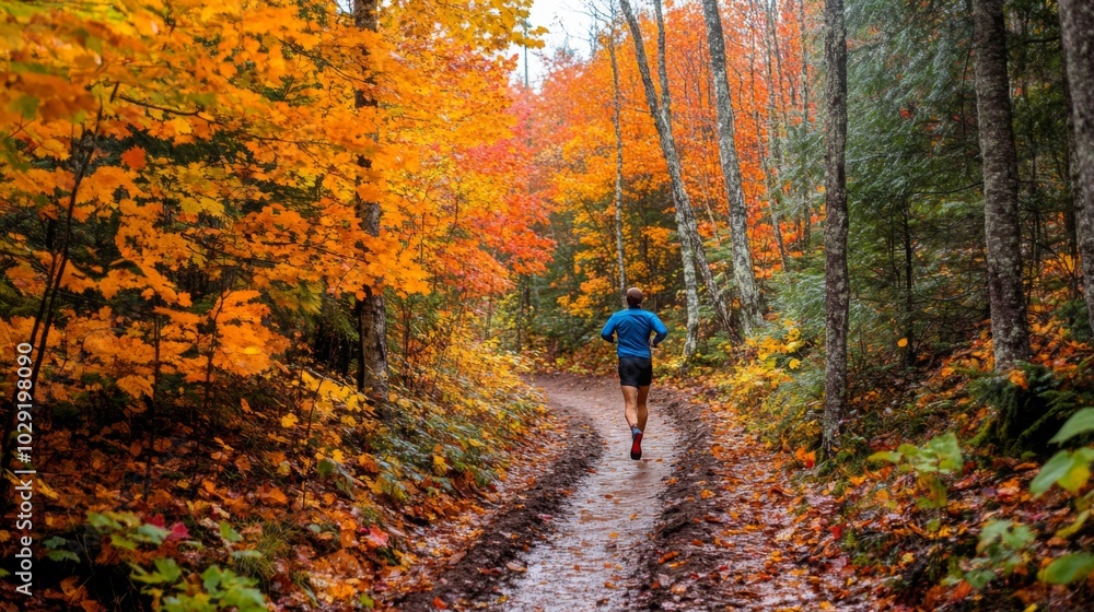 Aufkleber A person runs along a winding path in a tranquil forest, surrounded by trees adorned with brilliant autumn colors. The scenery showcases a peaceful atmosphere perfect for outdoor activities.