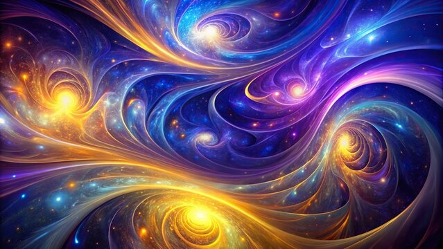 Forced perspective abstract cosmic swirls of purple, blue, and gold