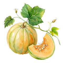 Watercolor hand drawn Cantaloupe with leaves stems on white background