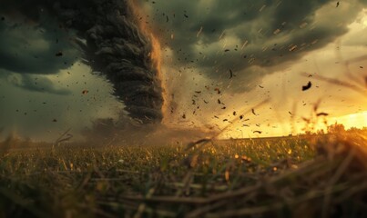 Powerful tornado spiraling through an open field, 4K hyperrealistic photo.