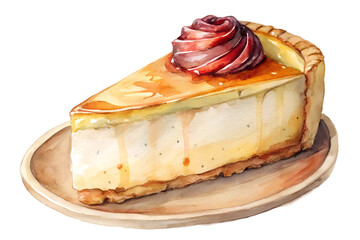 Watercolor hand drawn cheese cake on a white background
