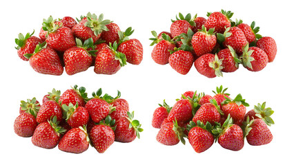 Four groups of fresh strawberries, red with green leaves on a transparent background.