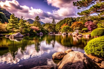 Fototapeta premium Anime-Inspired Lake Landscape with Crystal Clear Water and Majestic Mountains